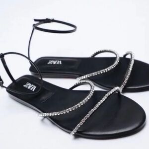 Zara Black Crystal-Strap Flat Ankle-Tie Sandals